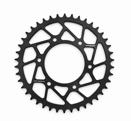 Warp 9 Anvil steel rear sprocket for the Surron Ultra Bee, 40 tooth, black ED coat with angular lightening cutouts