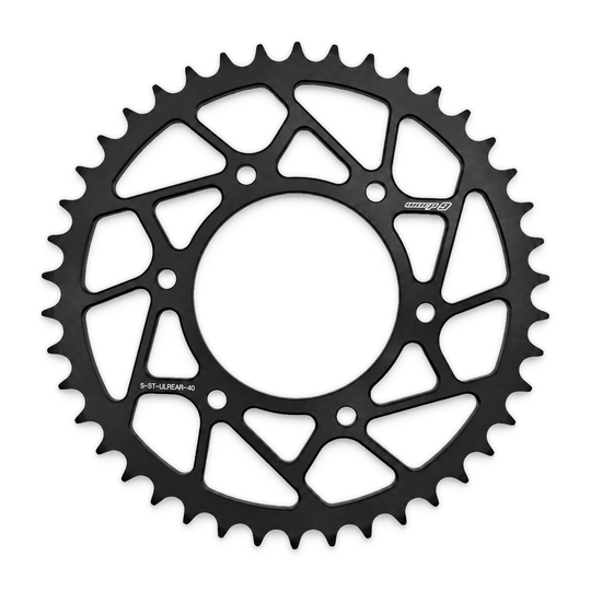 Warp 9 Anvil steel rear sprocket for the Surron Ultra Bee, 40 tooth, black ED coat with angular lightening cutouts