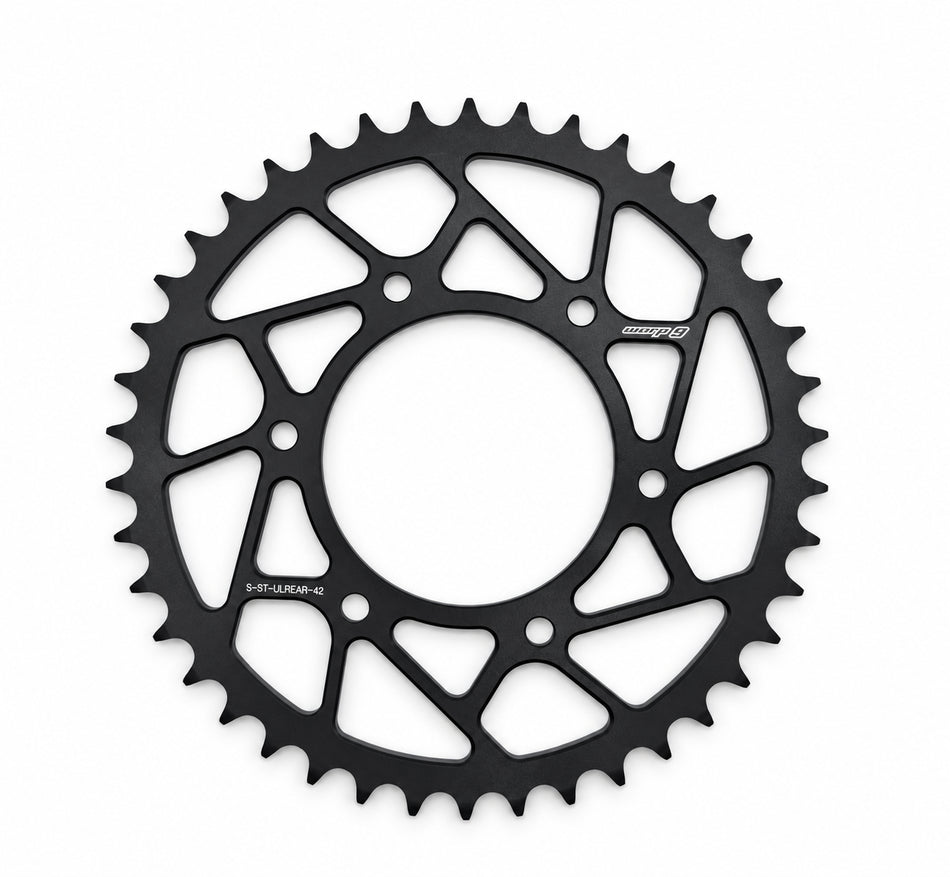 Warp 9 Anvil steel rear sprocket for the Surron Ultra Bee, 42 tooth, black ED coat with angular lightening cutouts