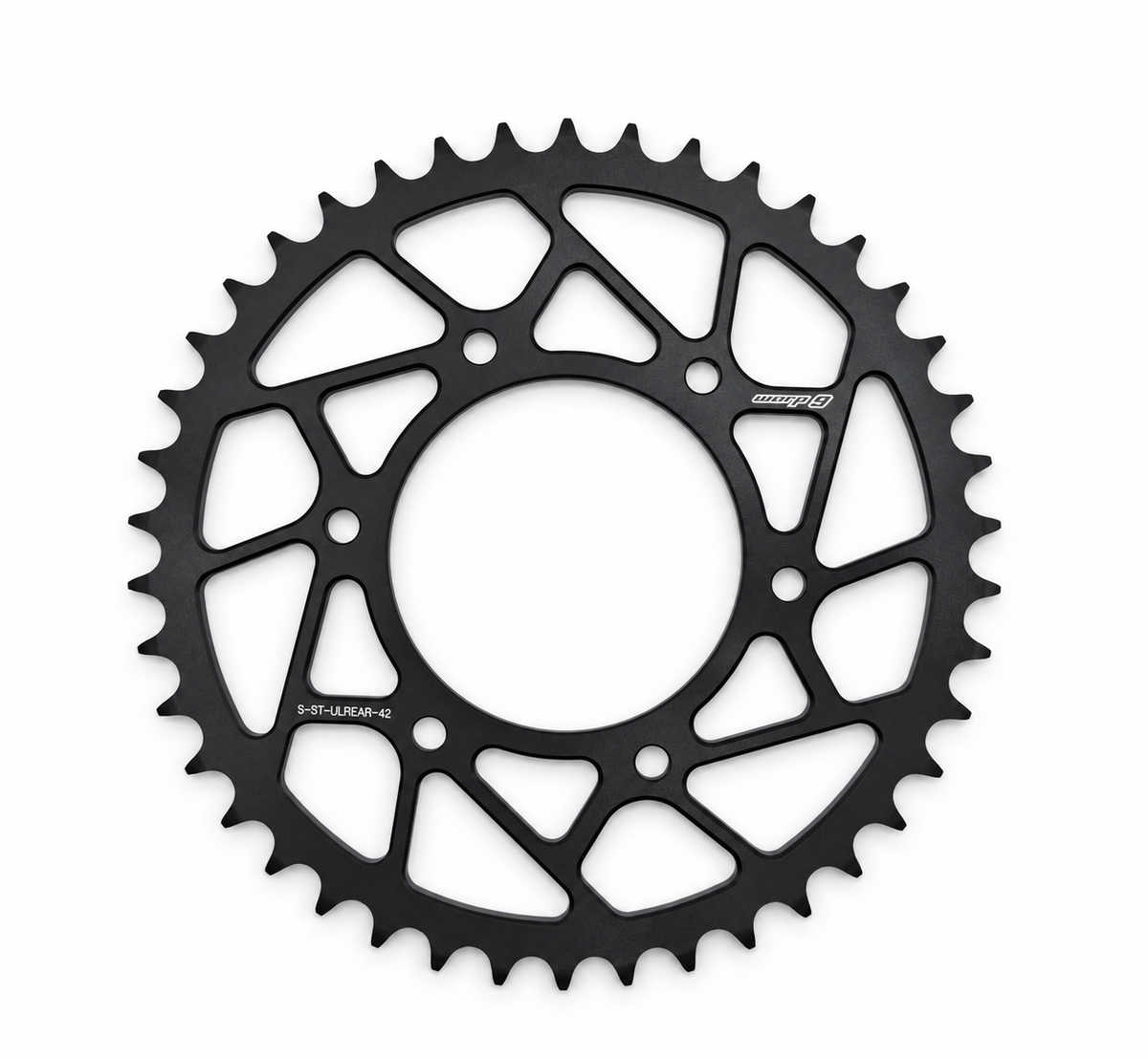 Warp 9 Anvil steel rear sprocket for the Surron Ultra Bee, 42 tooth, black ED coat with angular lightening cutouts