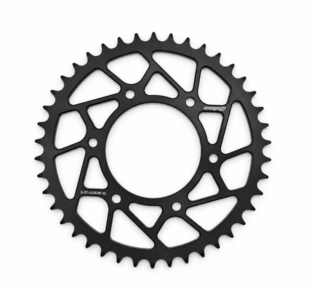 Warp 9 Anvil steel rear sprocket for the Surron Ultra Bee, 42 tooth, black ED coat with angular lightening cutouts
