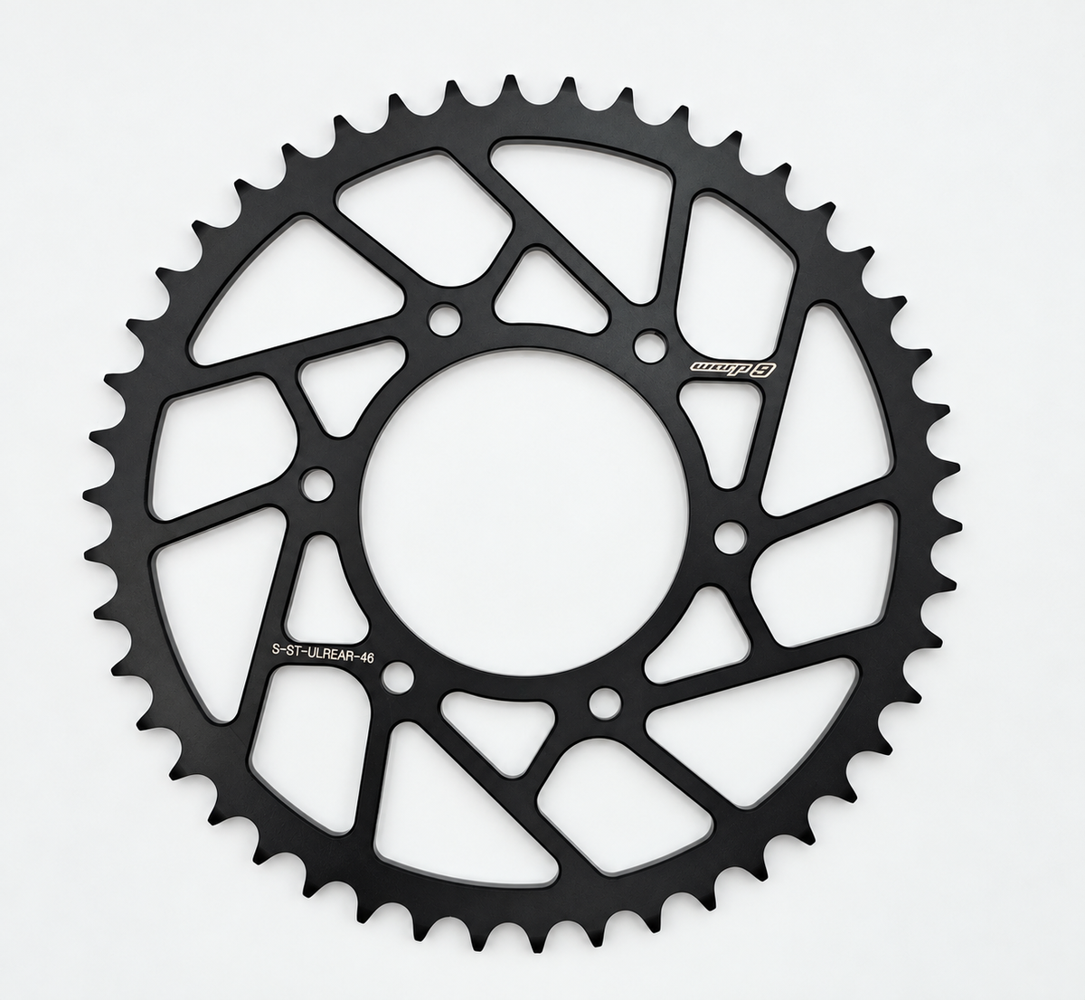 Warp 9 Anvil steel rear sprocket for the Surron Ultra Bee, 46 tooth, black ED coat with angular lightening cutouts