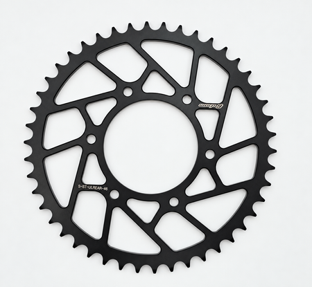 Warp 9 Anvil steel rear sprocket for the Surron Ultra Bee, 46 tooth, black ED coat with angular lightening cutouts