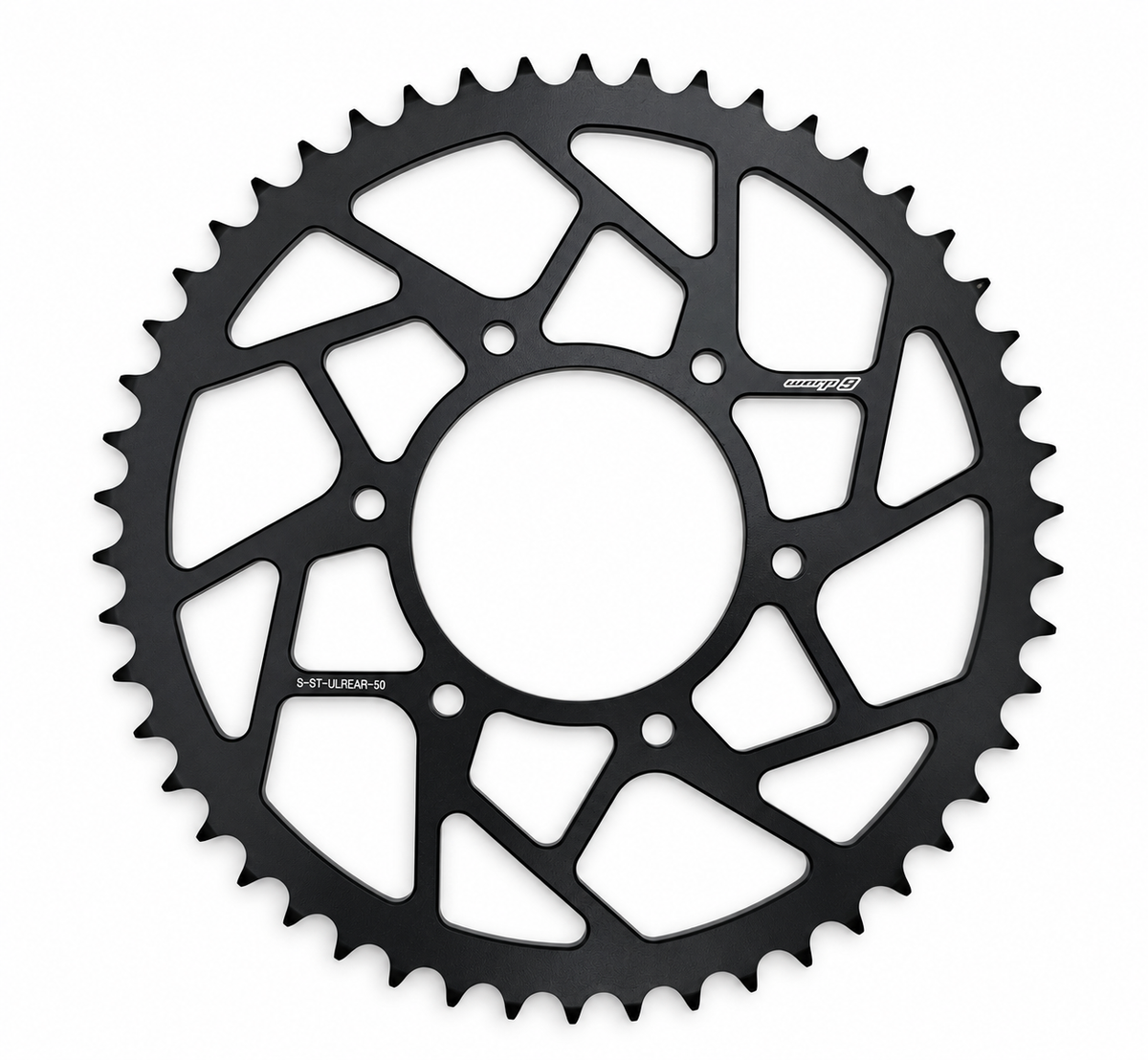 Warp 9 Anvil steel rear sprocket for the Surron Ultra Bee, 50 tooth, black ED coat with angular lightening cutouts