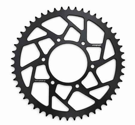 Warp 9 Anvil steel rear sprocket for the Surron Ultra Bee, 50 tooth, black ED coat with angular lightening cutouts