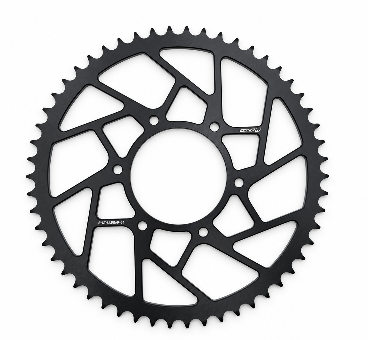 Warp 9 Anvil steel rear sprocket for the Surron Ultra Bee, 54 tooth, black ED coat with angular lightening cutouts