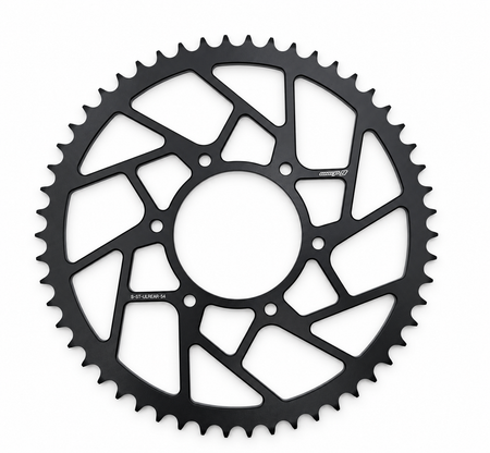 Warp 9 Anvil steel rear sprocket for the Surron Ultra Bee, 54 tooth, black ED coat with angular lightening cutouts