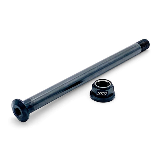 Warp 9 Light Bee rear axle in black oxide 12.9 steel with its W9 flange nut