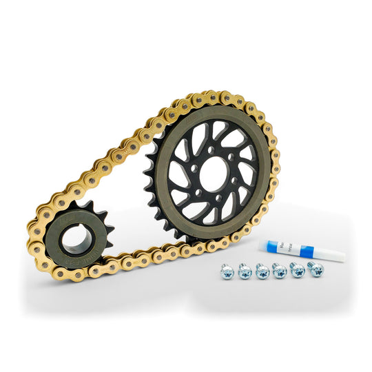 Warp 9 Warp Drive kit: black front and rear dampened sprockets, gold KMC 420 O-ring chain, six bolts and a tube of thread locker