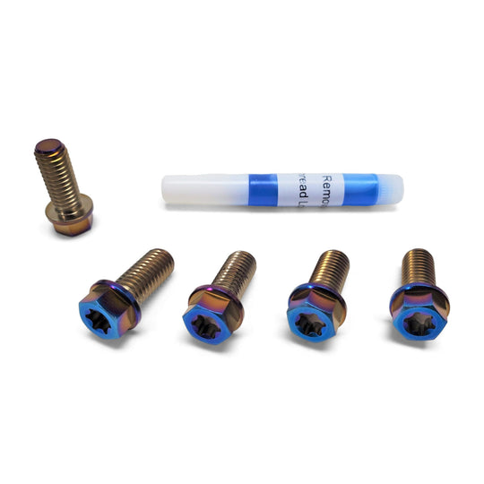 Burnt blue titanium flanged Torx sprocket bolts with a tube of blue thread lock