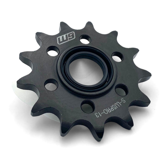 Warp 9 13-tooth Ultra Bee jackshaft sprocket in black oxide steel with its seal installed