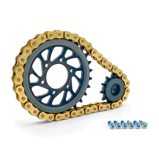 Warp 9 Ultra Drive kit: black dampened front and rear sprockets wrapped in a gold KMC 520 O-ring chain, with blue sprocket bolts