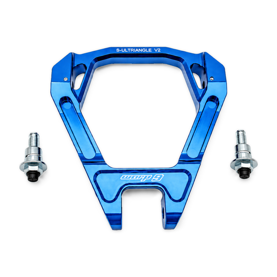 Warp 9 Ultra Bee suspension triangle V2 in blue anodized aluminum with two grease-zerk pivot bolts