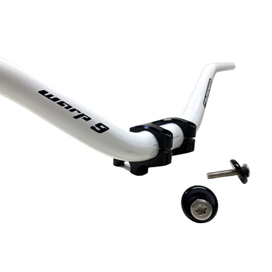 Warp 9 E-Moto tapped handlebar in white powder coat on a black bar mount, with black grip guard bar ends and bolts