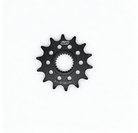Warp 9 Talaria Komodo countershaft sprocket, 14 tooth, black steel with a splined center and drilled relief holes