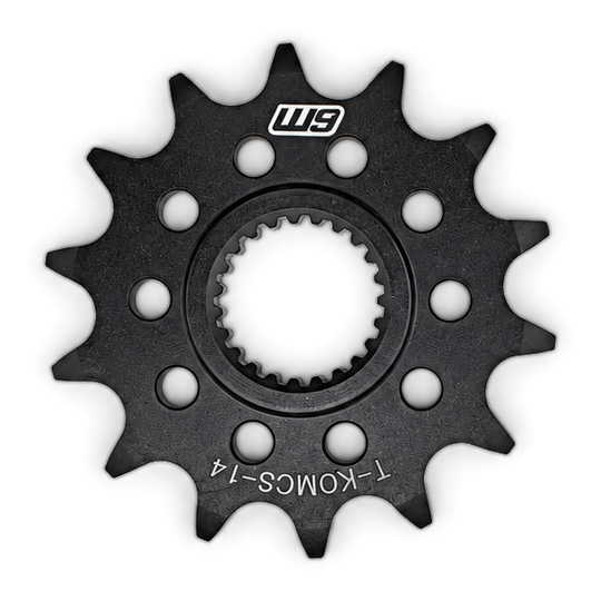 Warp 9 Talaria Komodo countershaft sprocket, 14 tooth, black steel with a splined center and drilled relief holes