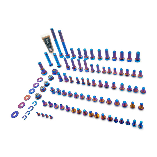 Warp 9 Talaria Sting MX4 titanium body bolt kit: rows of burnt titanium bolts and washers