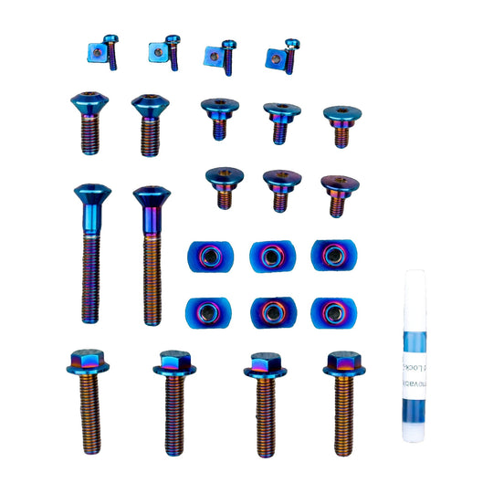 Warp 9 Cycra Ultra Bend titanium bolt kit laid out in burnt blue with a tube of thread lock