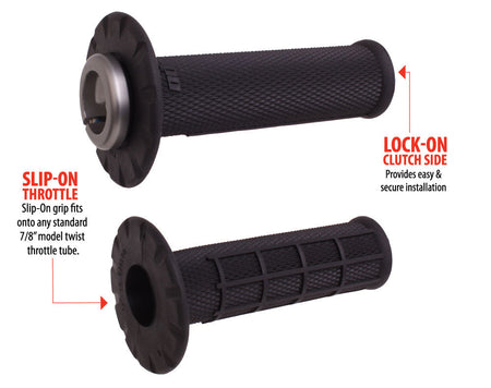 ODI universal lock-on half-waffle grips in black with silver clamp, fits e-moto