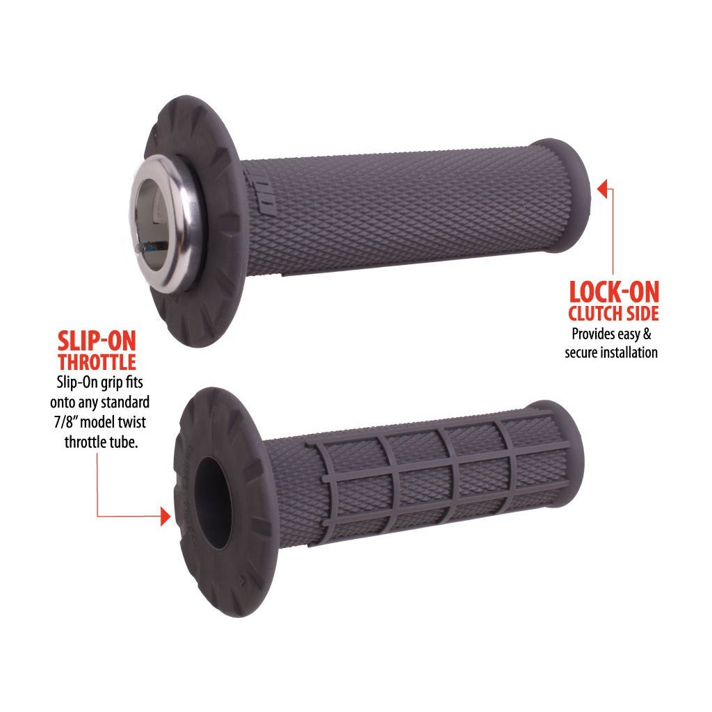 ODI universal lock-on half-waffle grips in graphite with silver clamp, fits e-moto