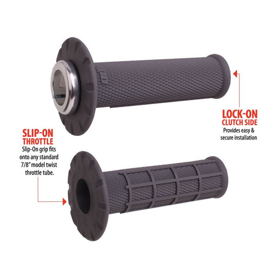 ODI universal lock-on half-waffle grips in graphite with silver clamp, fits e-moto