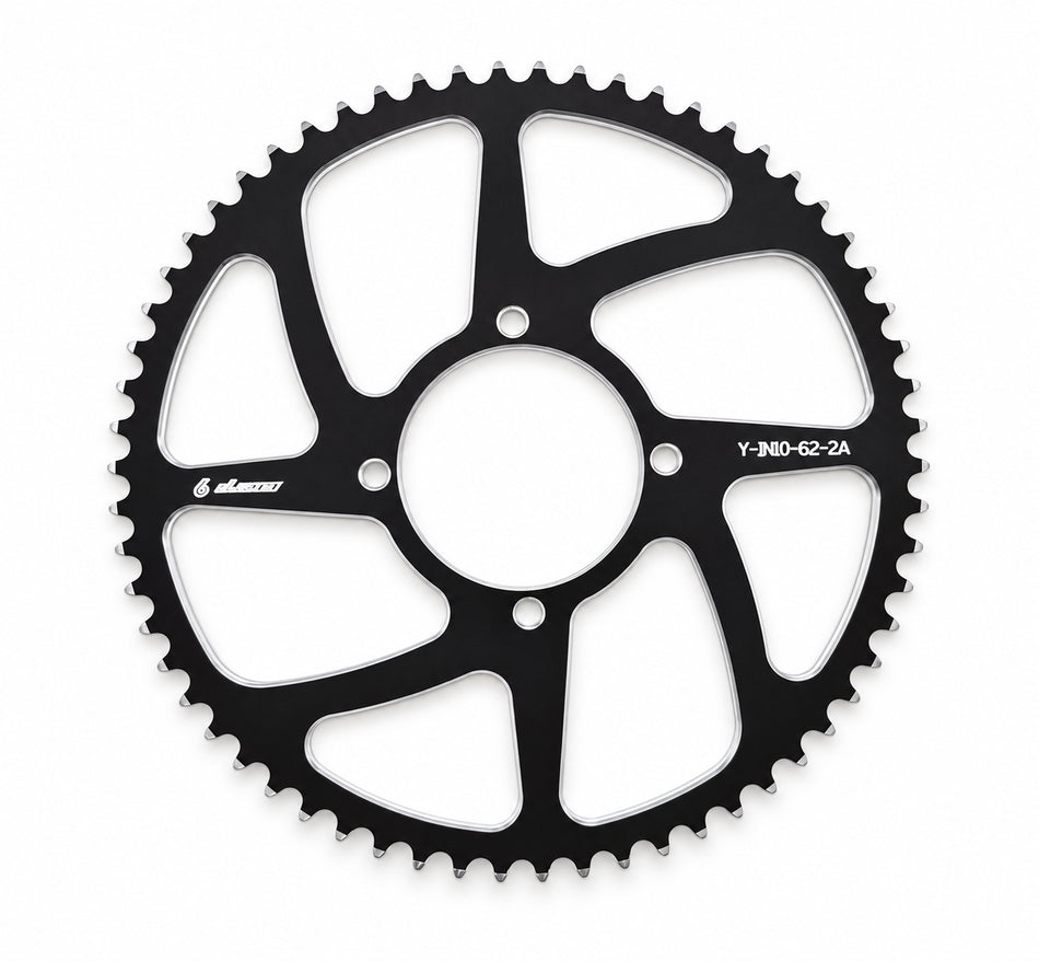 Warp 9 black anodized aluminum rear sprocket for the Yozma IN10 and IN10 Pro, 62 tooth (Y-IN10-62-2A)