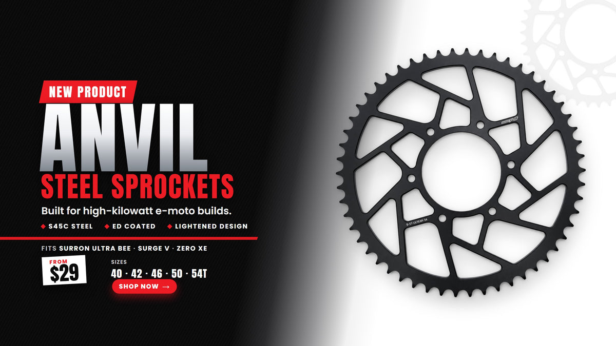 New Warp 9 Anvil steel sprockets for the Surron Ultra Bee, Surge V and Zero XE: S45C steel, ED coated, 40 to 54 tooth, from $29. Shop now.
