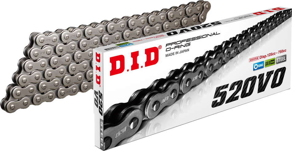 DID 520VO professional O-ring chain in natural steel with its box