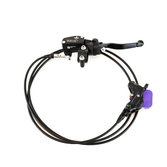 Formula Light e-moto brake: black master cylinder and lever, hose and four-piston caliper