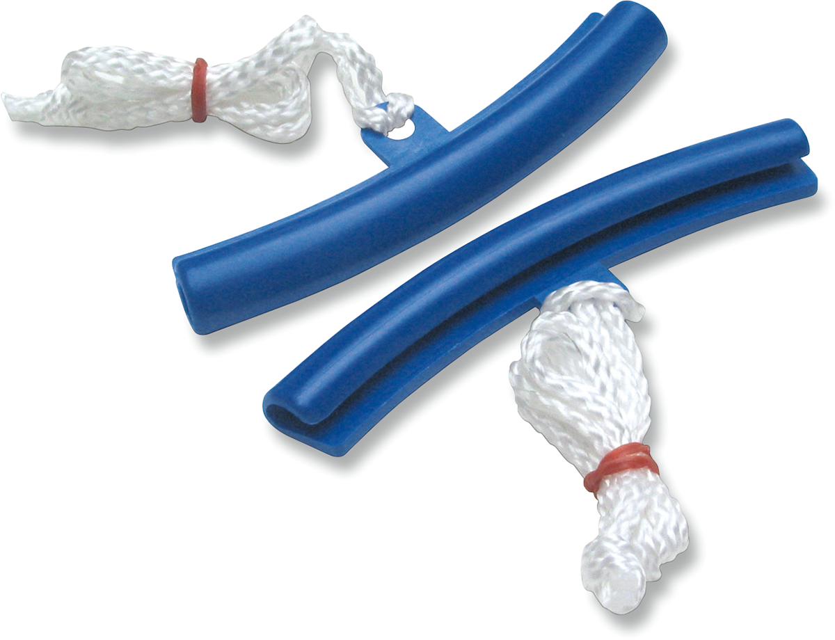 Pair of blue Motion Pro rim protectors 08-0357 with white pull cords
