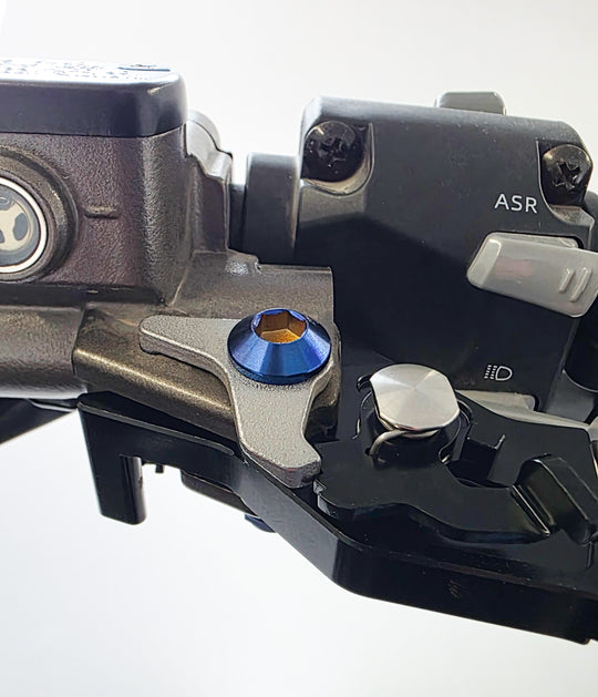 Burnt blue titanium shorty lever pivot bolt installed on a Surron Ultra Bee lever perch