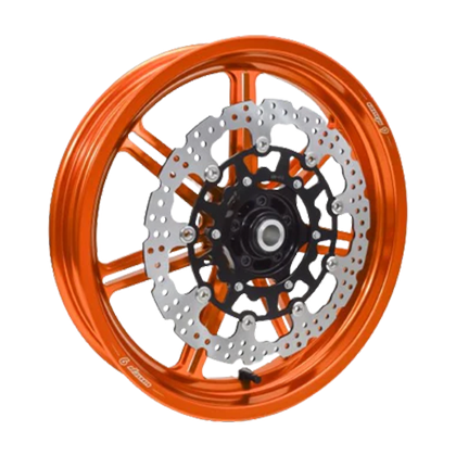 Warp 9 Tubeless Forged wheel, orange one-piece forged aluminum 17-inch wheel with black hub and floating brake rotor