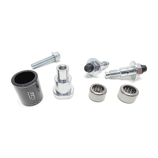 Warp 9 Ultra Bee triangle bearing kit: two needle bearings, steel pivot bolts with grease zerks and the black press tool