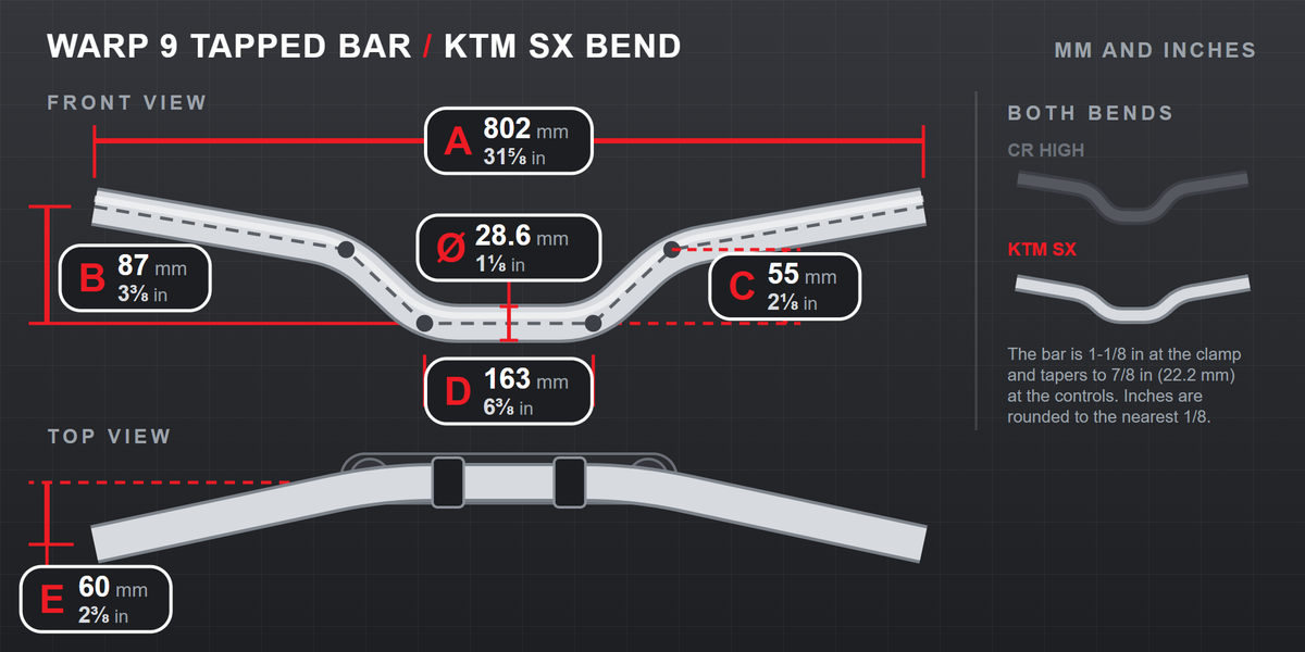 Warp 9 tapped handlebar KTM SX bend dimensions: bar diameter 28.6 mm (1 1/8 in) at the clamp, A width 802 mm (31 5/8 in), B height 87 mm (3 3/8 in), C rise 55 mm (2 1/8 in), D clamp area width 163 mm (6 3/8 in), E sweep 60 mm (2 3/8 in)