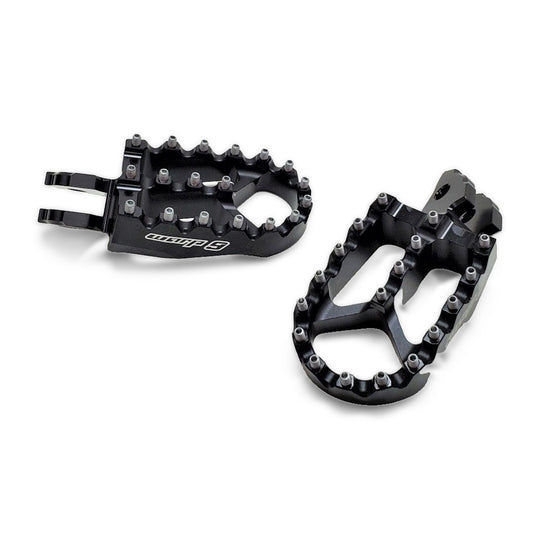 Pair of Warp 9 Talaria foot pegs in black anodized aluminum with stainless steel teeth and the Y-bridge center