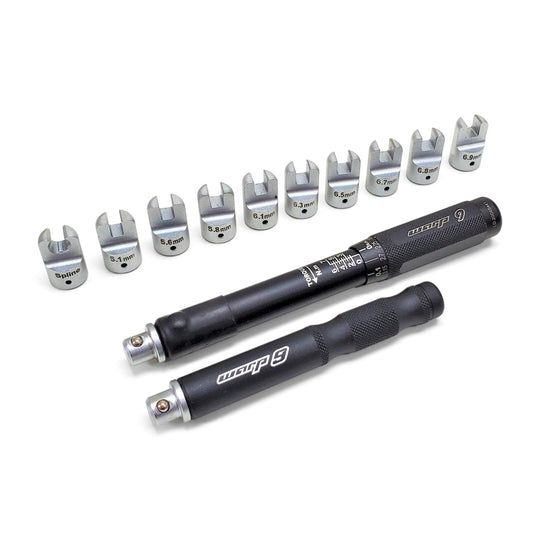 Warp 9 spoke torque wrench kit: torque wrench, standard handle and ten spoke tips from 5.1 to 6.9 mm plus a spline tip
