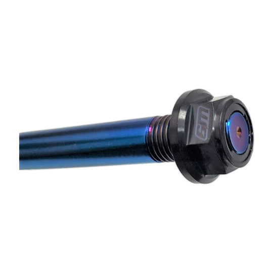 Burnt blue titanium swingarm bolt with a black titanium flange nut