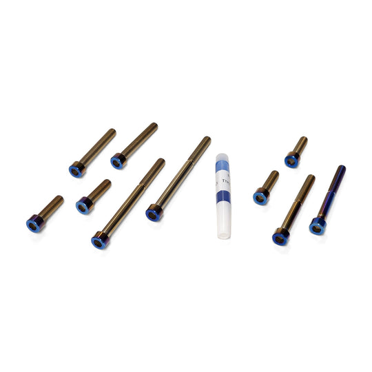 Burnt blue titanium bolts for the Warp 9 direct bar mount in two lengths, with blue thread locker