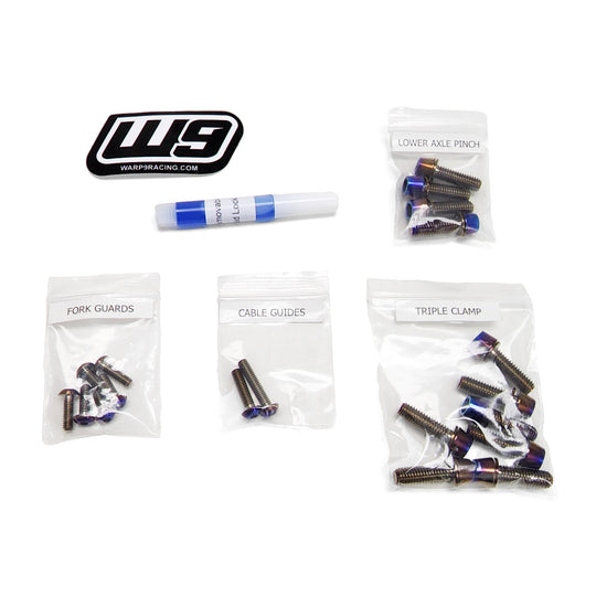 Warp 9 titanium fork bolt kit in bags marked triple clamp, lower axle pinch, fork guards and cable guides, with thread lock