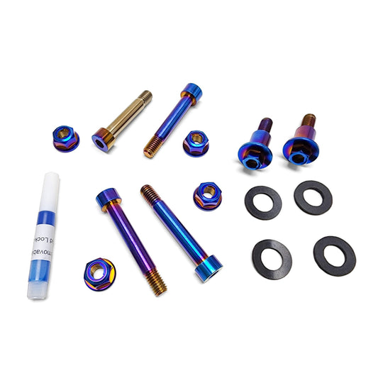 Warp 9 Light Bee titanium linkage bolt kit: burnt blue bolts and flange nuts, neoprene washers and blue thread locker