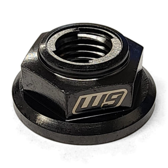 Warp 9 black titanium swingarm nut with a W9 logo