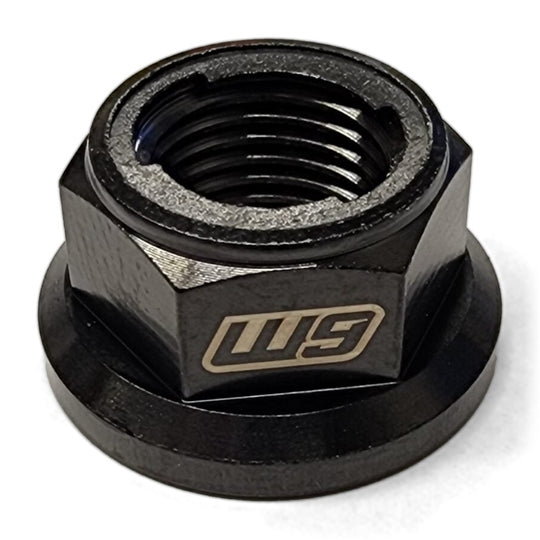 Warp 9 black anodized titanium flange nut with a W9 logo