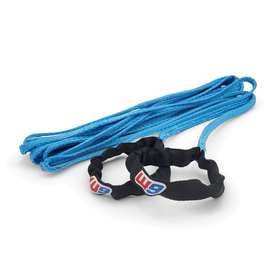 Warp 9 tow rope in blue Spectra with black sheathed end loops and W9 logos