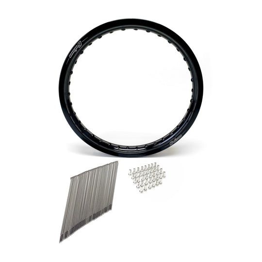 Warp 9 rear rim and spoke kit: a black rim with silver stainless spokes and nipples