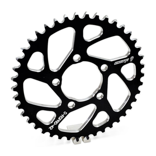Warp 9 42-tooth black rear sprocket with lightening cutouts, front view