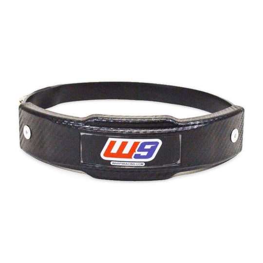 Warp 9 exhaust slider: black Viton rubber pad with a W9 logo on a stainless steel clamp band