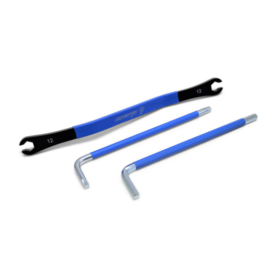 Warp 9 sprocket wrench kit: a blue 12mm and 13mm dog leg wrench and two blue L-handle keys