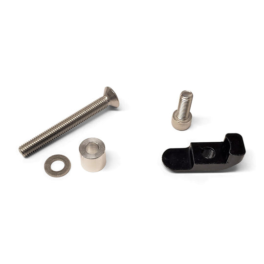 Warp 9 kickstand upper mounting hardware: a black bracket, two stainless bolts, a spacer and a washer