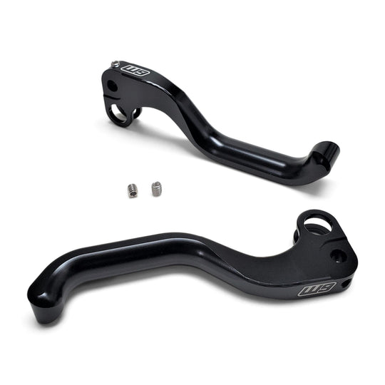 Pair of Warp 9 brake levers in black machined aluminum with W9 logos and two set screws