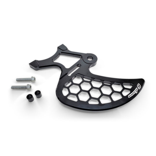 Warp 9 rear disc guard in black with a hex cutout pattern, shown with two longer bolts and two spacers